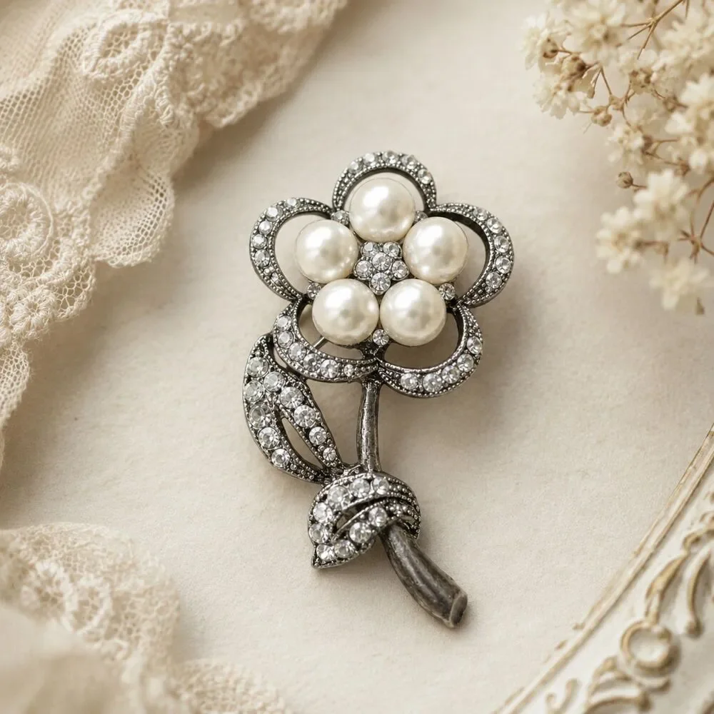 Pearl Rhinestone Flower Brooch, Silver Tone Floral Pin, Cottagecore Jewelry
